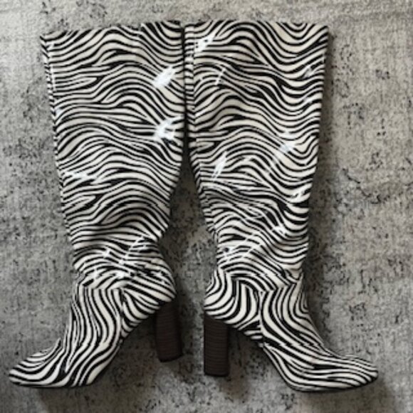 🧡3/15 Zebra Print Knee High Heeled Boots Women's 9 - Picture 1 of 12